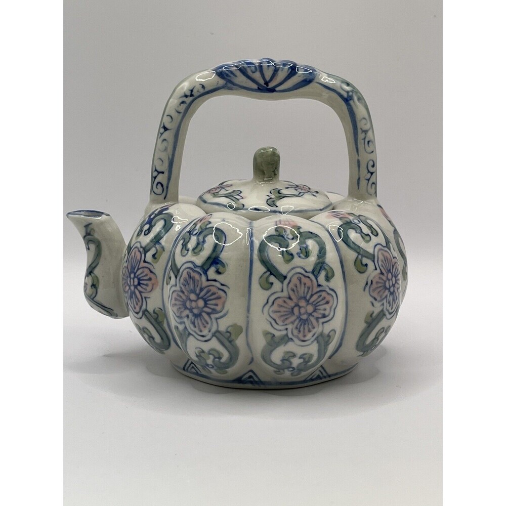 Tea Pot with Lid Blue Pink Green Hand Painted Ceramic